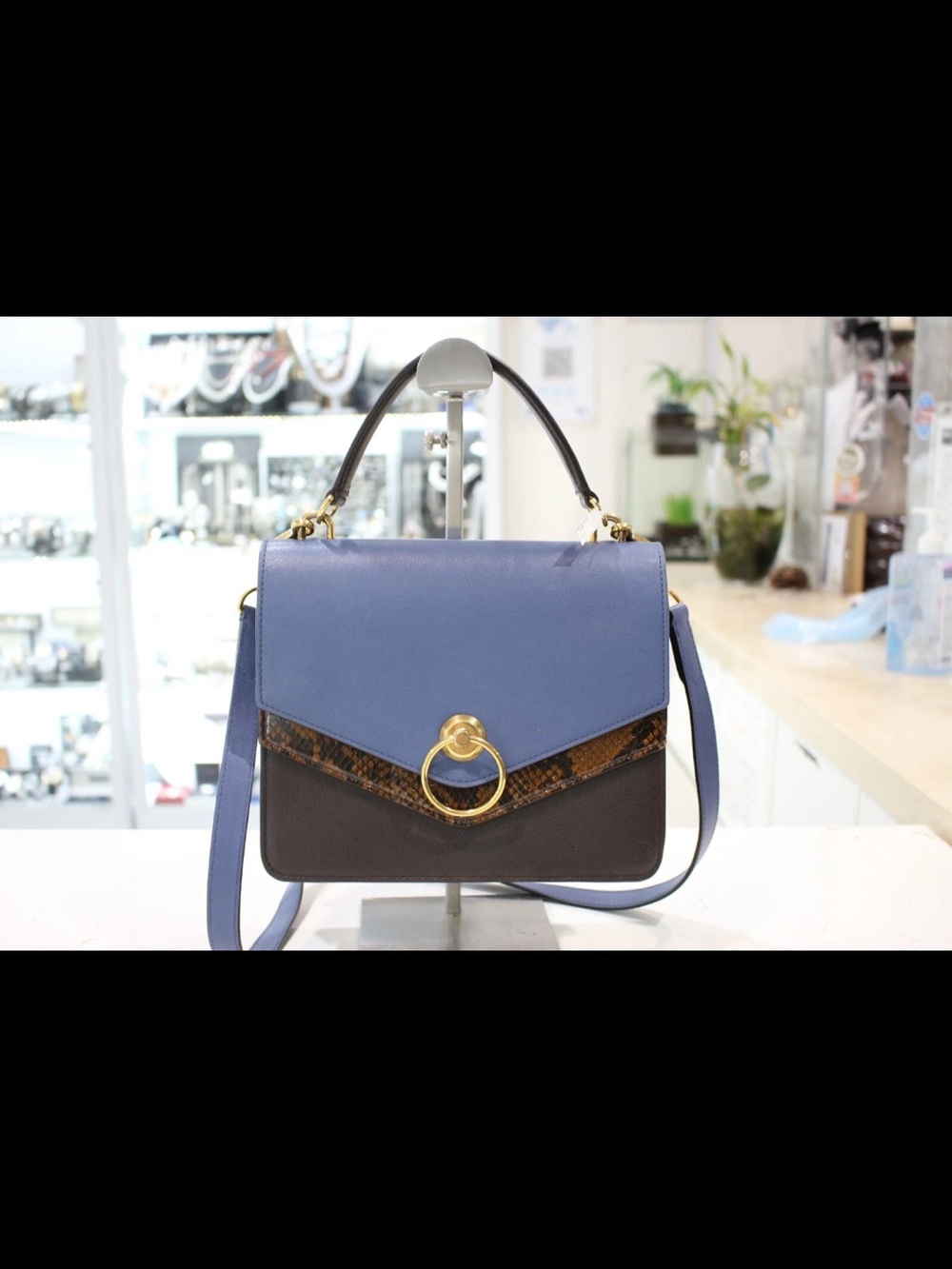 Mulberry Two-Tone Blue and Brown Top Handle Satchel with Gold Ring